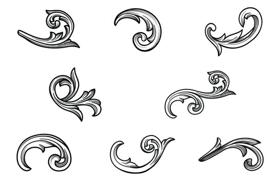 Set Swirl, scroll floral classic element. Victorian ornamental borders frame. Vintage decorative baroque engraved vector illustration