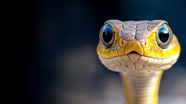  a close up of a yellow snake with its mouth open, set against a blurred background