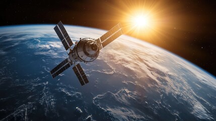 Obraz premium A futuristic satellite glides through space, with a massive planet below and the sun illuminating the scene.