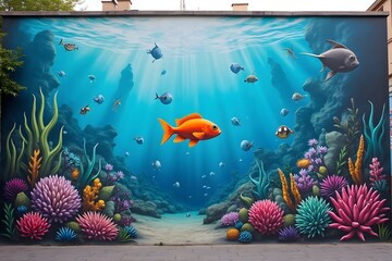 A graffiti wall transformed into a gigantic, surreal aquarium.
