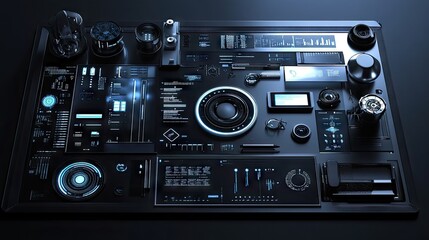 Fototapeta premium A futuristic workstation setup with AI-powered assistants, floating digital displays, and a clean aesthetic.