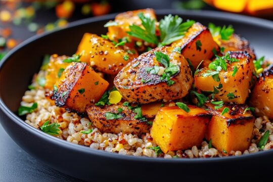 Close-up of spelt and polba dish with roasted pumpkin for autumn cuisine.