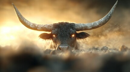  a longhorn bull with long horns standing in the dirt, looking directly at the camera with a blurred background