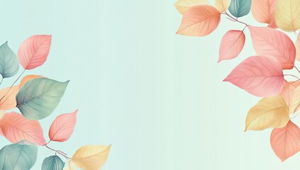 Fototapeta premium Pastel autumn leaves border on light blue background