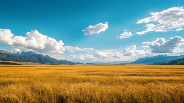 A wide panoramic view of a golden field glowing under the sunlight, stretching endlessly toward the distant horizon beneath a vast open sky in the countryside.

