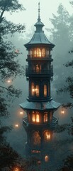 Fototapeta premium Enchanting tower glows warmly amidst misty woods