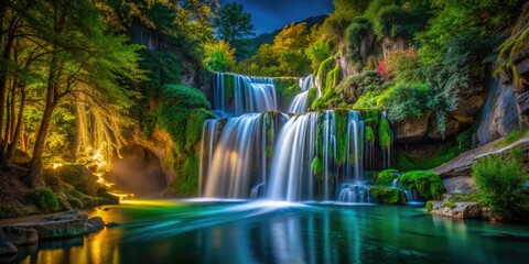 Night photography captures Palaiokaria Waterfall's ethereal glow in Trikala, Greece's magical landscape.