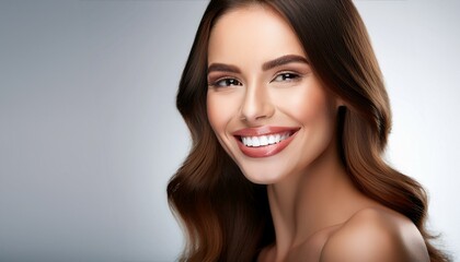 Obraz premium 白く整った美しい歯並びの白人女性の顔のクローズアップ。白い背景。AIで生成 