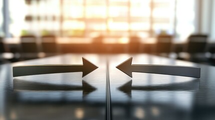 Two glowing arrows converging into one on a sleek glass table, symbolizing business merger, partnership, collaboration, and strategic alliance concepts.