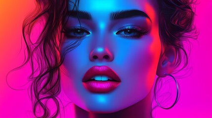 Obraz premium Neon portrait of a woman with bright makeup and wavy hair style