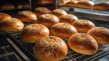 Baking bread at the factory. Fresh delicious bread in the bakery. Freshly baked sourdough bread with a golden crust at the factory. The context of a bakery with delicious bread.