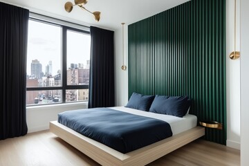 Modern bedroom with city view, dark curtains, green accent wall