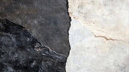 Obraz premium a close up of a black and white stone wall with a crack running through it The wall is composed of two different colors, one black and one white, creating a unique