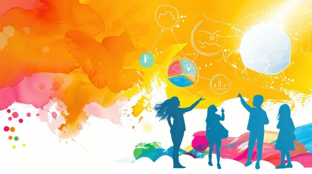 Abstract digital art of children engaging with futuristic educational concepts, bright artistic background blending creativity, technology, and learning innovation...