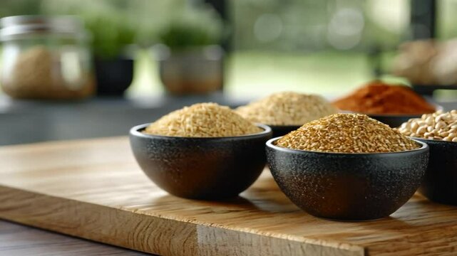Assorted grains bowls kitchen table