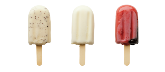 Summer Treat Trio: A colorful and inviting trio of popsicles, each with unique flavors, promises a sweet and refreshing escape from the summer heat. The popsicles stand out against a clean background.