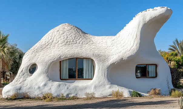 White, unusual, organic-shaped desert building with windows, palms in background. Ideal for architecture or travel content