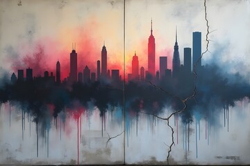 A massive spray-painted dystopian skyline blending into a cracked concrete wall.