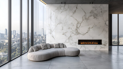Modern high-rise apartment with panoramic city views and a sleek fireplace accenting a marble statement wall.
