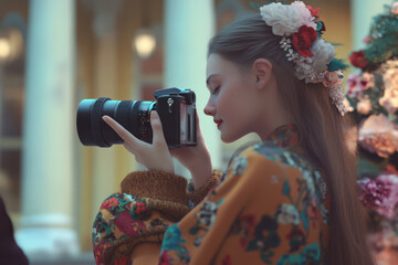 Young asian female photographer in floral kimono capturing outdoor scene