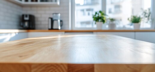 Modern kitchen interior with wooden countertop and coffee maker in view