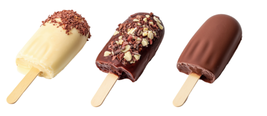 Chocolate Dreams: A trio of chocolate-covered popsicles, each with a unique flavor and topping, is a decadent visual delight that celebrates the sweet side of life. The rich dark chocolate.