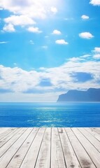 Obraz premium Wooden deck overlooking sunny ocean with distant island and clouds