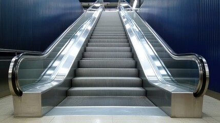 Escalator ascending in modern blue subway station