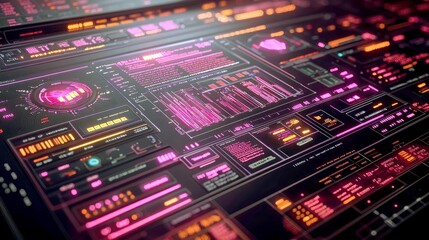 Fototapeta premium Cyberpunk Neon Tech HUD Interface: Futuristic Pink and Orange Digital Dashboard Display