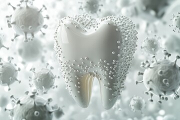 Protecting teeth from bacteria.  A healthy white tooth surrounded by fluoride molecules symbolises the protection and care of teeth.