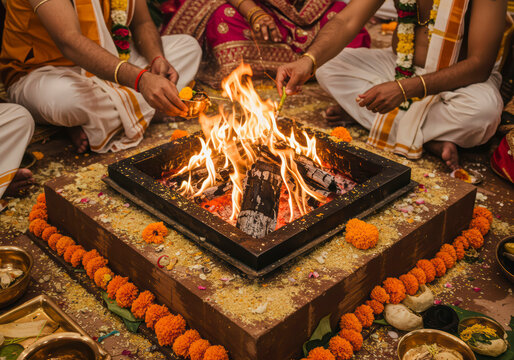 Sacred Hindu Wedding Hawan Ceremony with Vedic Fire Rituals and Traditional Blessings