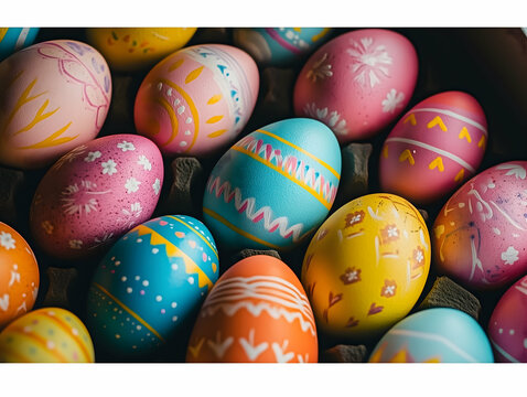  A close-up of beautifully decorated Easter eggs in vibrant pink, blue, and yellow tones. Each egg features unique hand-painted patterns, showcasing creativity and festive tradition. 