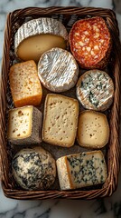 A captivating arrangement showcasing an array of fine cheeses alongside charcuterie delights in a rustic woven basket, perfect for celebrations and gatherings.
