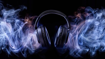 Black headphones highlighted with a mystical blend of smoky light trails on a dark background capturing a dramatic and atmospheric feel representing immersive music experience...