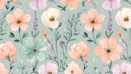 Elegant Feminine Floral Pattern with Painted Watercolor Flower Motifs and Soft Pastel Greenery on a Light Background, A Seamless Design for Refined Spring Fashion and Tranquil Home Furnishing Textiles