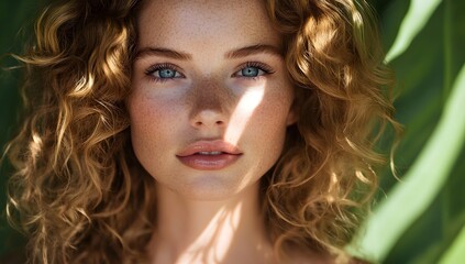 Fototapeta premium Portrait of Attractive Woman with Curly Hair, Blue Eyes, and Tanned Skin