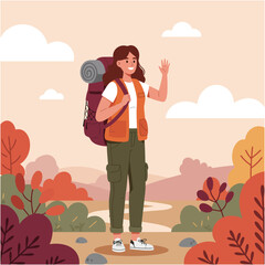 Woman Hiking with Backpack and Waving Hand on Outdoor Trail