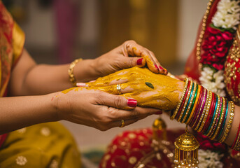 Fototapeta premium Joyous Haldi Ceremony with Vibrant Turmeric Rituals in a Traditional Indian Wedding Celebration