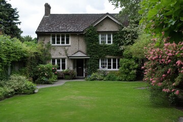 Obraz premium Charming stone house with lush green ivy.
