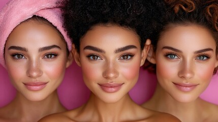 Obraz premium three young women with pink towels on their heads, smiling and posing for the camera against a pink background