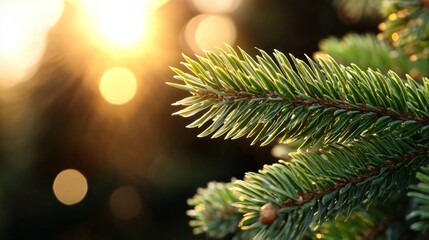  a close up of a pine tree branch illuminated by the warm light of the setting sun, with a blurred background
