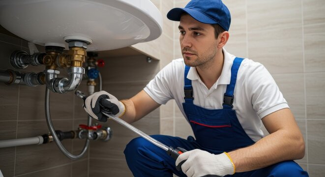 A skilled plumber dressed in a white shirt and blue overalls is crouched down while working on a pipe under a sink