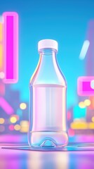 Brightly lit clear water bottle against vibrant urban neon background highlighting modern lifestyle and refreshment