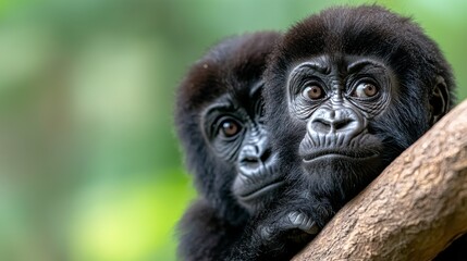 Fototapeta premium two baby mountain gorillas sitting on top of a tree branch, their black fur contrasting against the green background