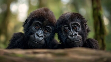 Obraz premium two baby mountain gorillas sitting on top of a tree branch in the foreground, with a blurry background The gorillas are black in color and appear to be looking at