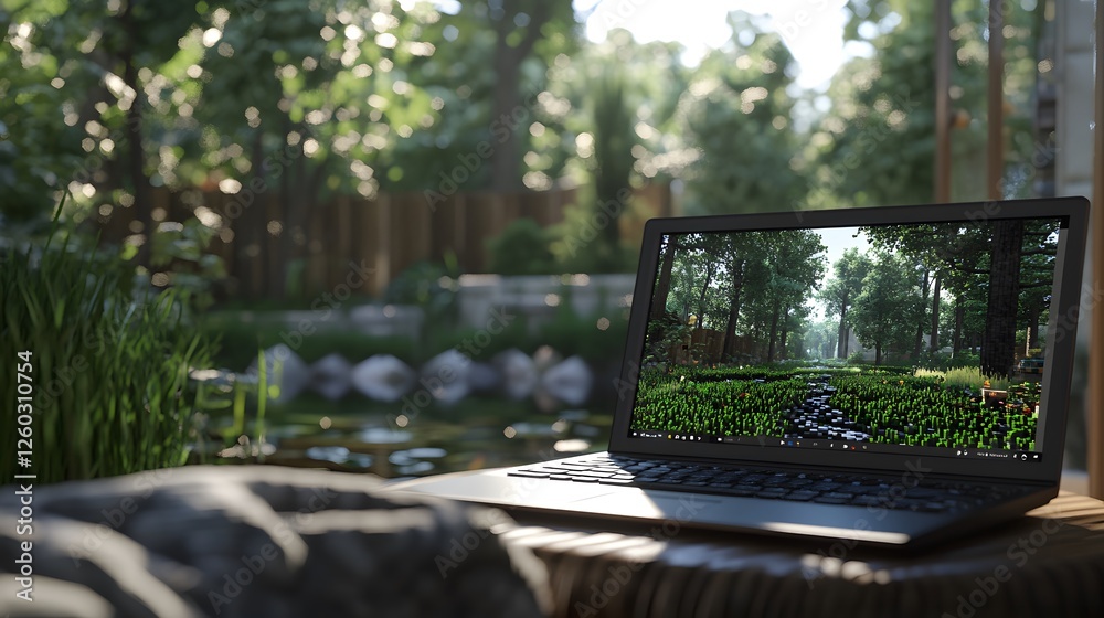 Poster laptop computer on a table displaying a 3d voxel editor with natural light illuminating the scene