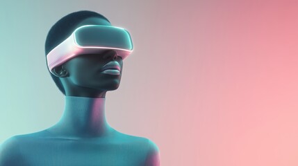 Futuristic woman in neon vr headset experiencing virtual reality with a stylish, minimalist design against a gradient background