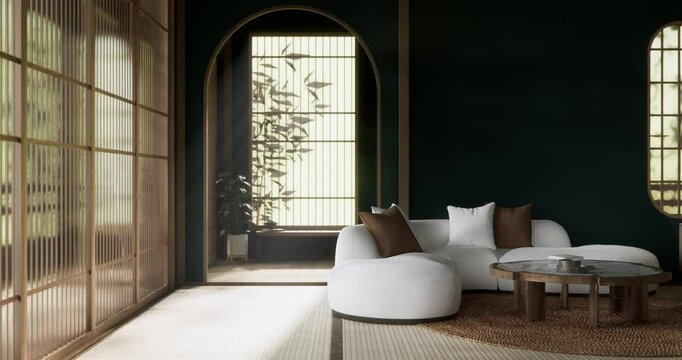 Green Modern room interior wabisabi style and sofa and decoration japanese.3D rendering