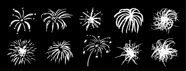 Fireworks cute pencil lines doodle elements for birthday, anniversary. Set of white color sketches in style of lightning, explosion, sun rays, firecrackers, sparkles, motion effects. Vector.
