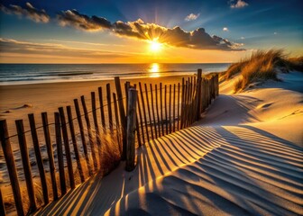 Silhouette Wooden Fence Sea Dunes Sunset Coastal Landscape Photography